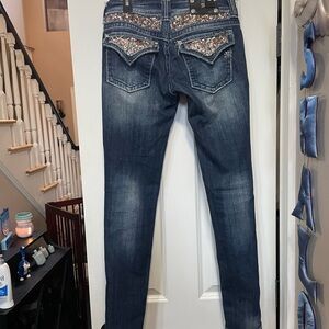 Miss Me Dark Blue Skinny Jeans with Silver Accents and Rose Gold Sequins
